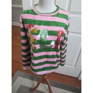 ADORABLE EM & ALFIE FLEECE PINK & GREEN TOP WITH SEQUINED " ELF "  MEDIUM ADULT